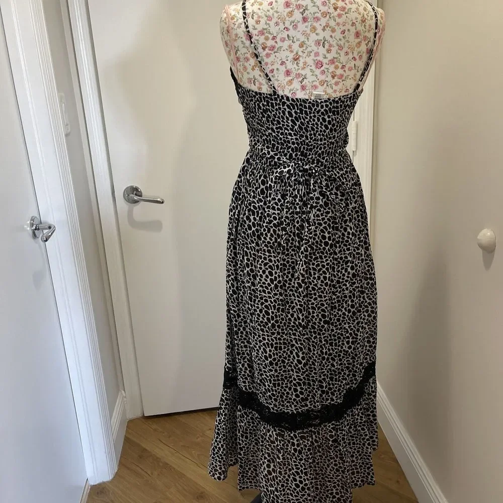 Papillon Womens Dress S Bohemian Sleeveless Maxi White Black V-neck Flowy - Picture 3 of 11